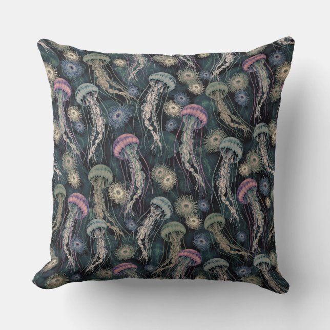 Ethereal Jellyfish and Anemones in Teal and Pink Throw Pillow (Front)