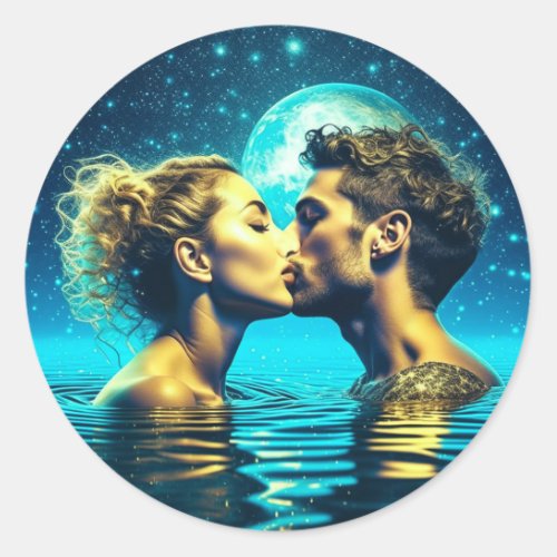 Ethereal Kiss Under the Moon in the Calm Ocean Classic Round Sticker