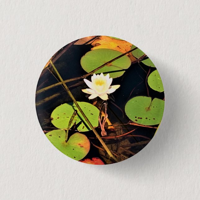 "Ethereal Lily Pad Pond with Central White Blossom Button (Front)