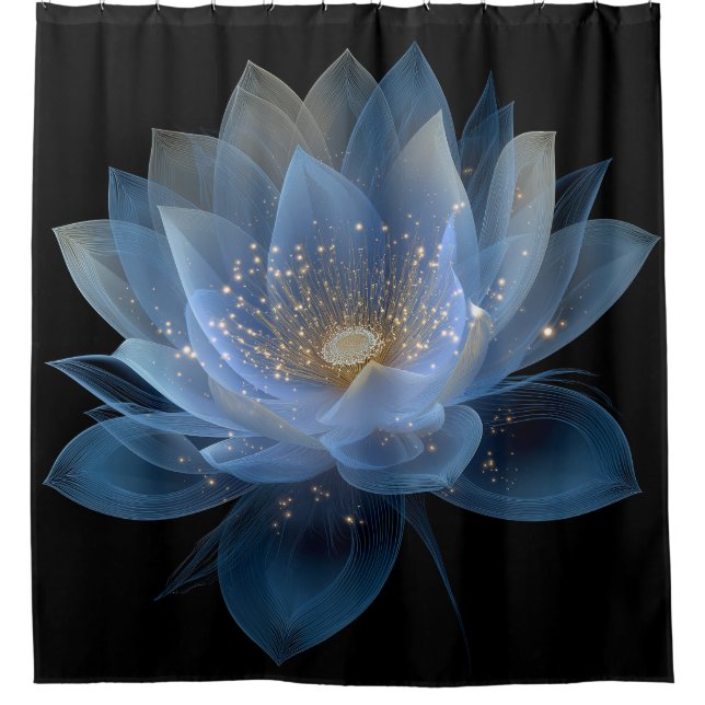 Ethereal Lotus Flower - Blue Black Floral  Shower Curtain (Front)