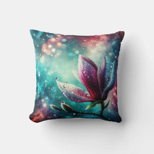 “Ethereal Magnolia: Raindrops on Petals" Throw Pillow