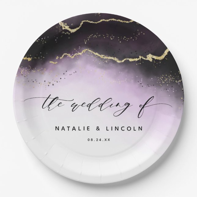 Ethereal Mist Ombre Amethyst Purple Gilded Wedding Paper Plates (Front)