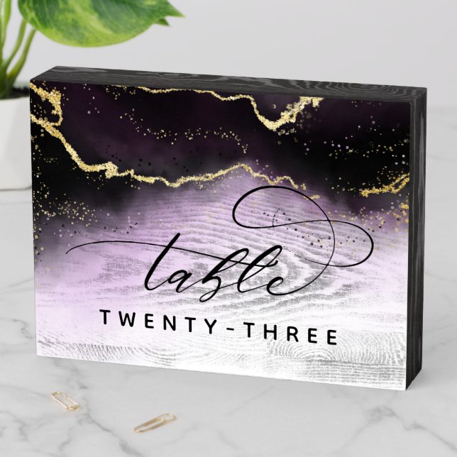Ethereal Mist Ombre Amethyst Wedding Table Number Wooden Box Sign (In Situ Horizontal)