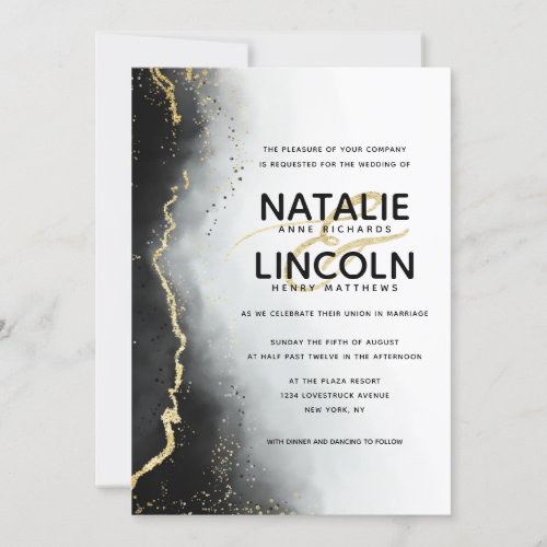 Ethereal Mist Ombre Black Gold Foil Modern Wedding Invitation