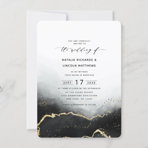 Ethereal Mist Ombre Black Gold Foil Script Wedding Invitation