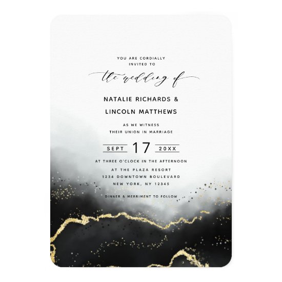 Ethereal Mist Ombre Black Gold Foil Script Wedding Invitation