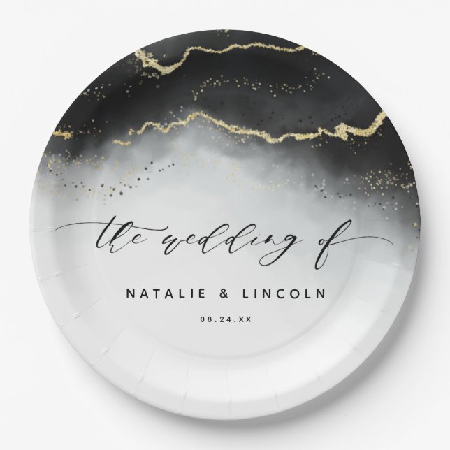 Ethereal Mist Ombre Black Watercolor Moody Wedding Paper Plates (Front)