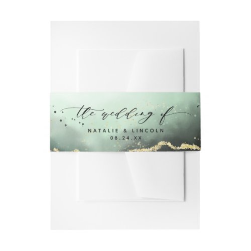 Ethereal Mist Ombre Emerald Green Wedding Monogram Invitation Belly Band
