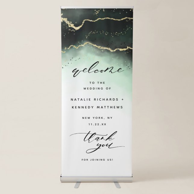 Ethereal Mist Ombre Emerald Green Wedding Welcome Retractable Banner (Front)