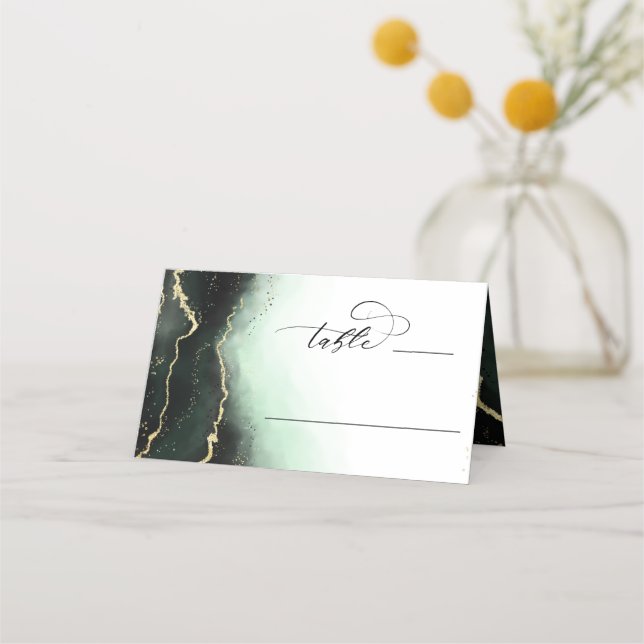 Ethereal Mist Ombre Emerald Wedding Table Number Place Card (Front)