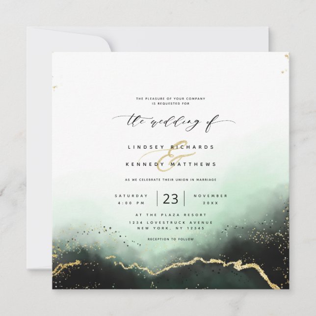 Ethereal Mist Ombre Green Luxury Square Wedding Invitation (Front)