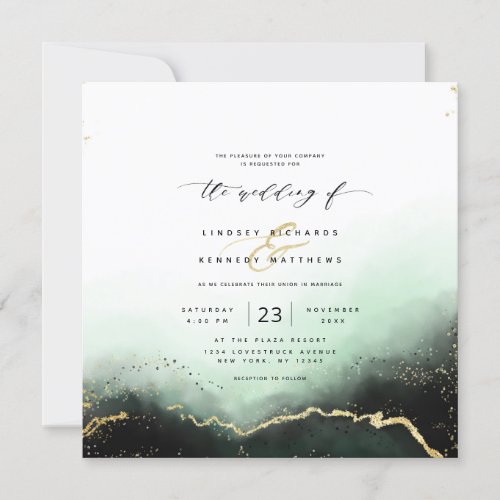 Ethereal Mist Ombre Green Luxury Square Wedding Invitation