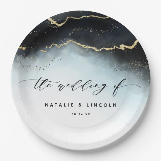 Ethereal Mist Ombre Navy Blue Gilded Moody Wedding Paper Plate