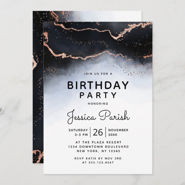 Ethereal Mist Ombre Navy Blue Moody Birthday Party Invitation (Front/Back)