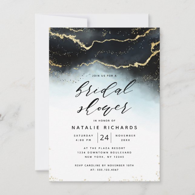 Ethereal Mist Ombre Navy Blue Moody Bridal Shower Invitation (Front)