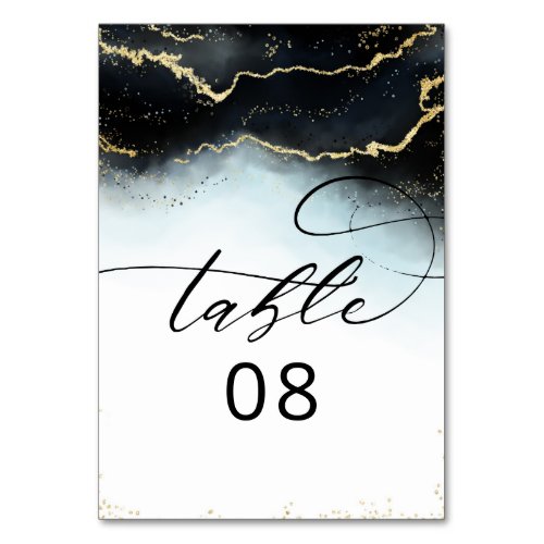Ethereal Mist Ombre Navy Blue Moody Gilded Wedding Table Number