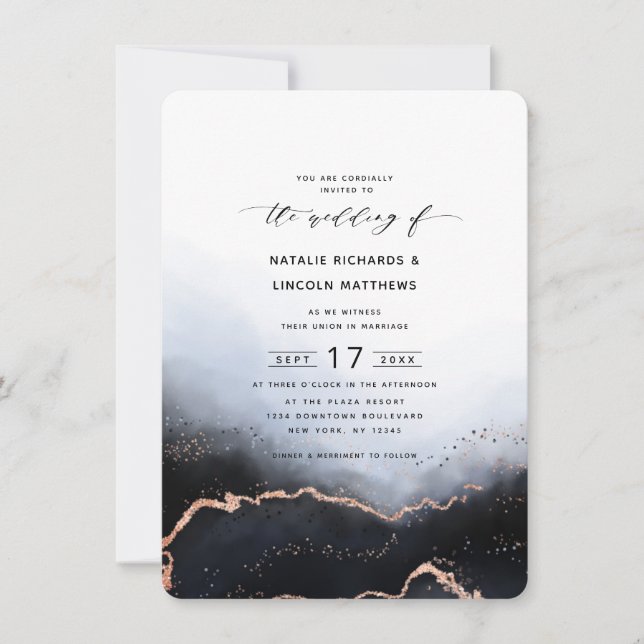Ethereal Mist Ombre Navy Blue Trendy Wedding Invitation (Front)
