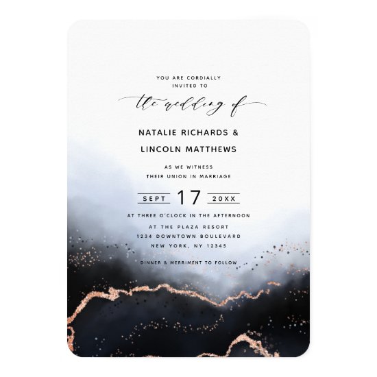 Ethereal Mist Ombre Navy Blue Trendy Wedding Invitation