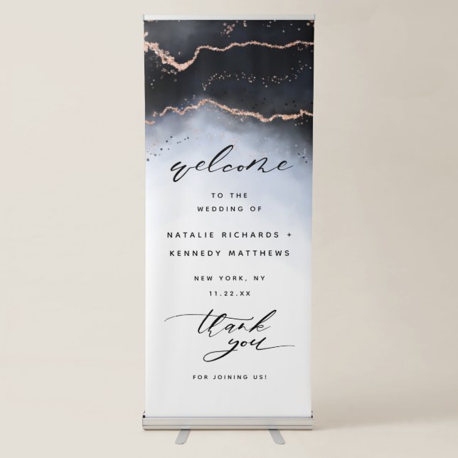 Ethereal Mist Ombre Navy Blue Wedding Welcome Retractable Banner (Front)