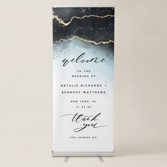 Ethereal Mist Ombre Navy Blue Wedding Welcome Retractable Banner