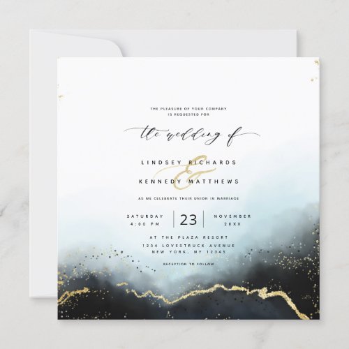 Ethereal Mist Ombre Navy Luxury Square Wedding Invitation