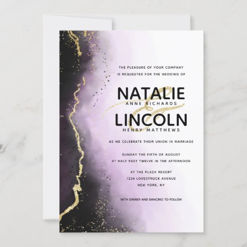 Ethereal Mist Ombre Purple Gold Modern Wedding Invitation