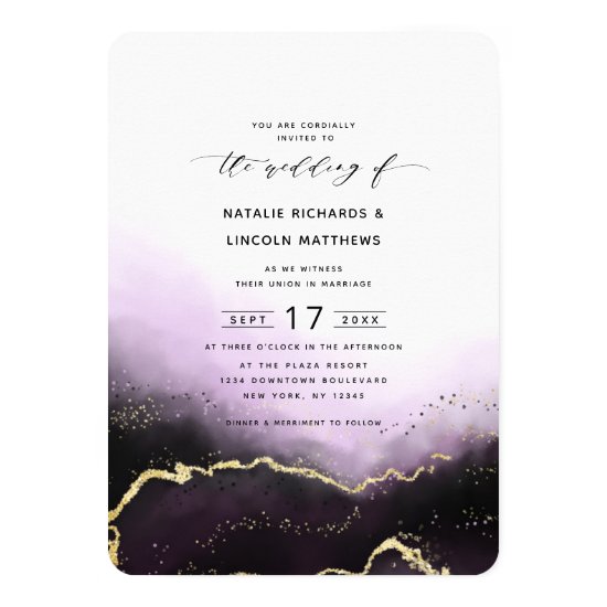Ethereal Mist Ombre Purple Gold Trendy Wedding Invitation