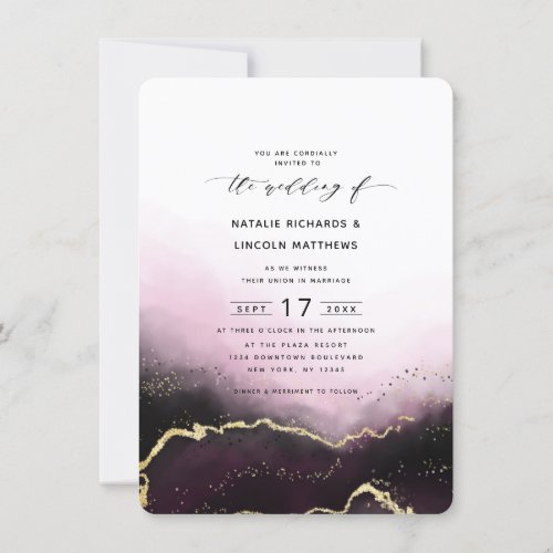 Ethereal Mist Ombre Wine Gold Foil Script Wedding Invitation