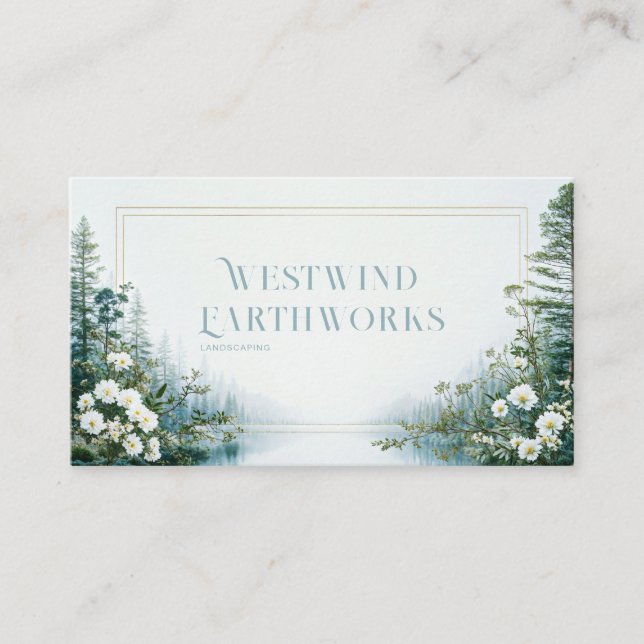 Ethereal Misty Forest Lake White Floral Gold Frame Business Card (Front)