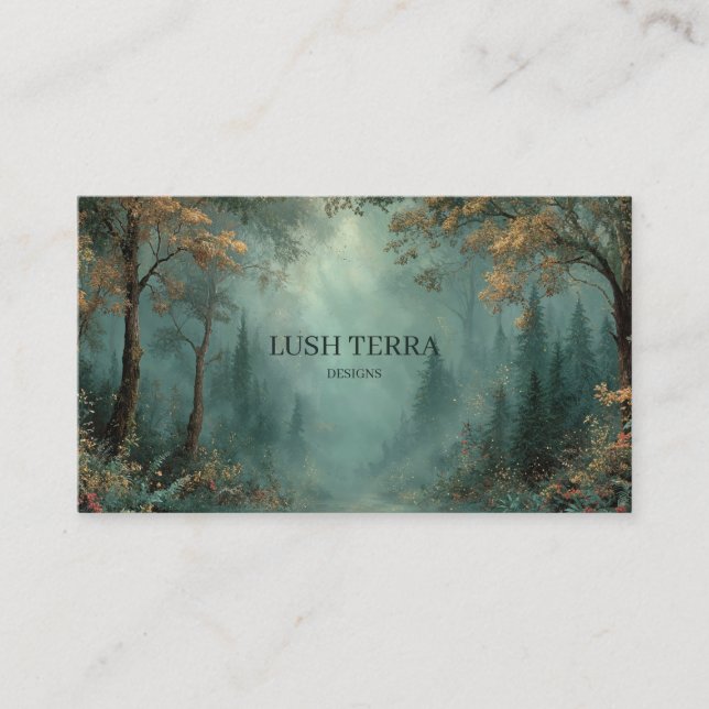 Ethereal Misty Forest Path Teal Gold Rustic Business Card (Front)