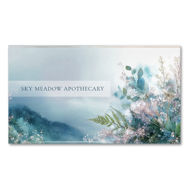Ethereal Misty Mountain Botanical Gold Frame Business Card Magnet (Front)
