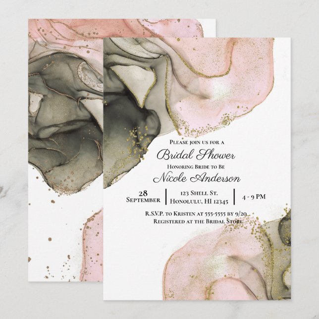 Ethereal Moody Pink Black Gold Inky Bridal Shower Invitation (Front/Back)