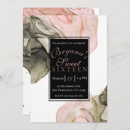 Ethereal Moody Pink Black Gold Inky Glam Sweet 16 Invitation
