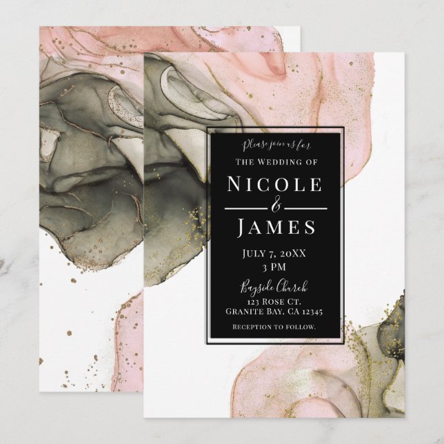 Ethereal Moody Pink Black Gold Inky Wedding Invitation (Front/Back)