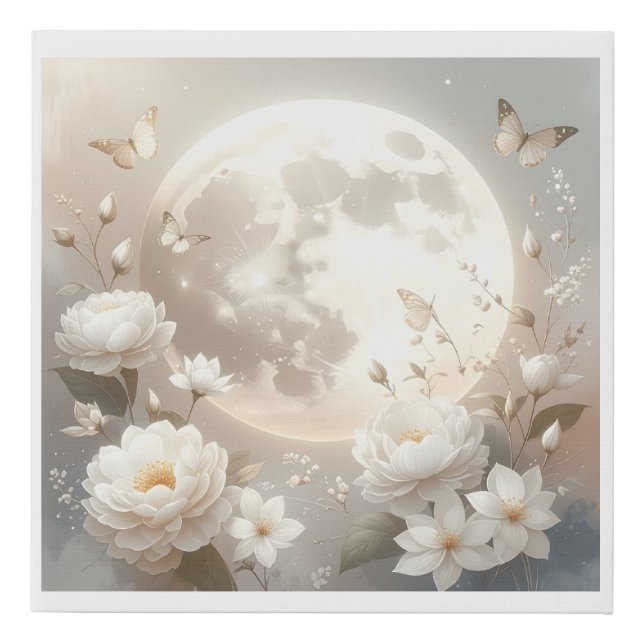 Ethereal Moonlight Bloom: Dreamy White Peonies & W Faux Canvas Print (Front)