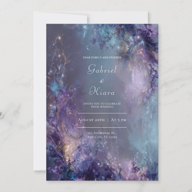 Ethereal Nebula Violet Blue Gold Fantasy Wedding Invitation (Front)