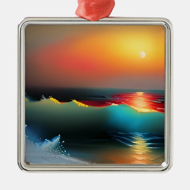 Ethereal Ocean and Sunset AI Art Metal Ornament (Front)