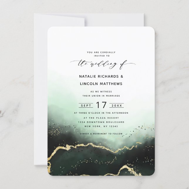 Ethereal Ombre Emerald Gold Foil Script Wedding Invitation (Front)
