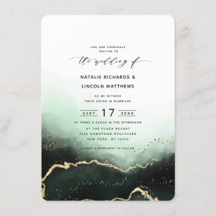 Ethereal Ombre Emerald Gold Foil Script Wedding Invitation