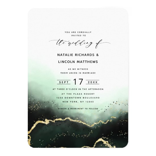 Ethereal Ombre Emerald Gold Foil Script Wedding Invitation