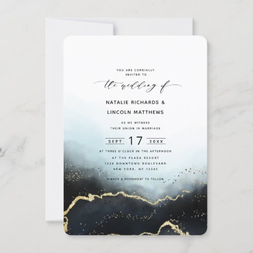 Ethereal Ombre Navy Blue Gold Foil Script Wedding Invitation