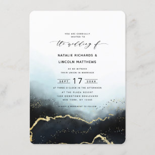 Ethereal Ombre Navy Blue Gold Foil Script Wedding Invitation