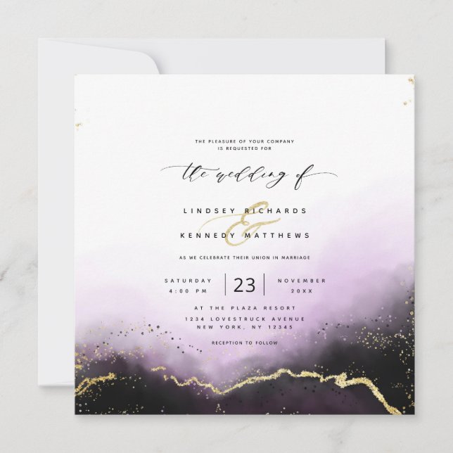 Ethereal Ombre Purple Gold Luxury Square Wedding Invitation (Front)