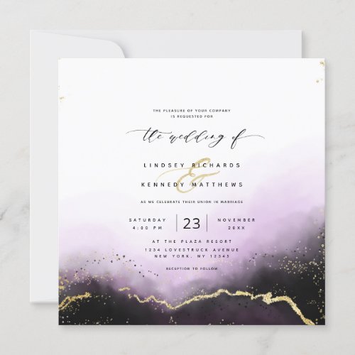 Ethereal Ombre Purple Gold Luxury Square Wedding Invitation