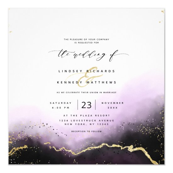 Ethereal Ombre Purple Gold Luxury Square Wedding Invitation