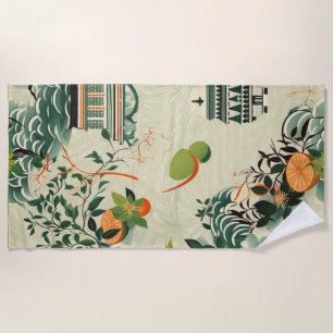Ethereal orange pattern with Zen temples Beach Towel