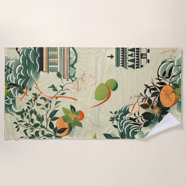 Ethereal orange pattern with Zen temples Beach Towel (Front)