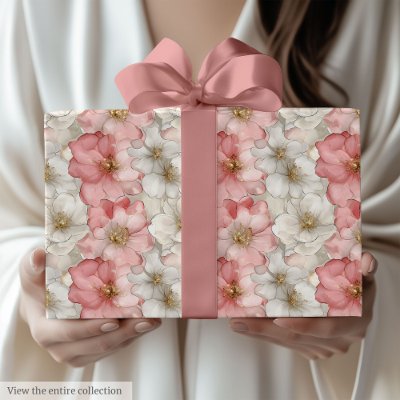Ethereal pastel pink and gold floral gift wrap