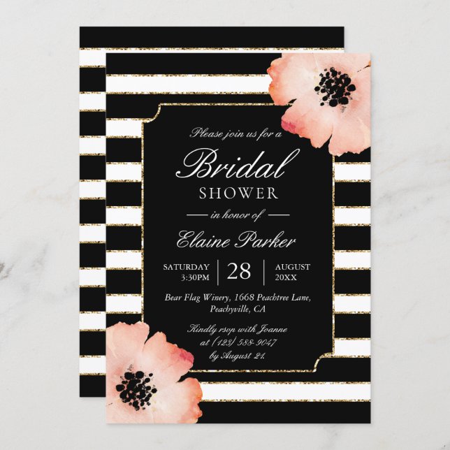 Ethereal Peach Magnolia Stripe Wedding Black White Invitation (Front/Back)