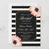 Ethereal Peach Magnolia Stripe Wedding Black White Invitation (Front)